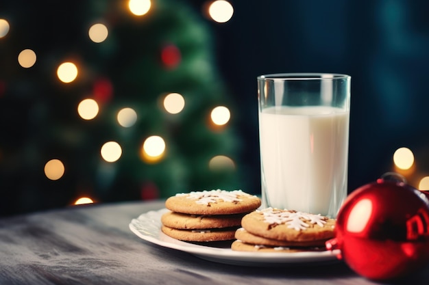 Milch für den Weihnachtsmann im Glas und Weihnachtsplätzchen in der Nähe des Weihnachtsbaums. Weihnachtskarte. Generative KI