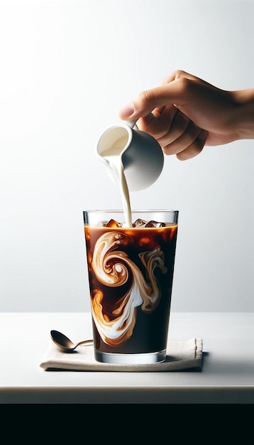 Milch in eiskalten Kaffee gießen