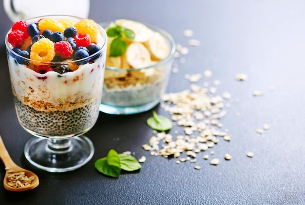 Milch mit Chiasamen und Beeren