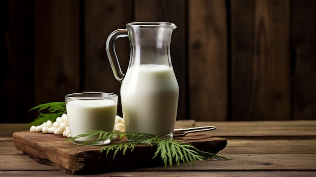 Milch mit frischer Milch im Glas auf einem alten Holztisch