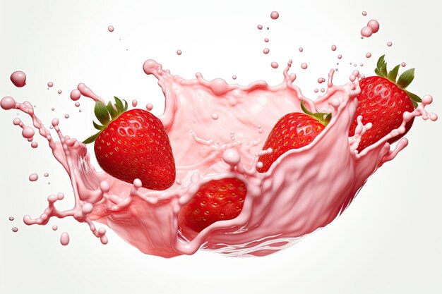 Foto milch- oder joghurt-splash mit erdbeeren auf weißem hintergrund