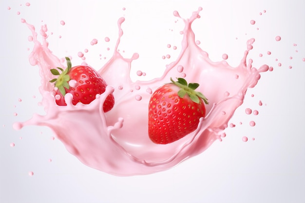 Milch- oder Joghurtspritzer mit Erdbeeren isoliert auf weißem Hintergrund 3D-Rendering