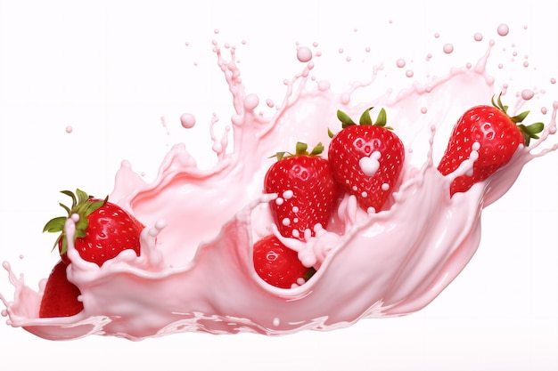 Milch- oder Joghurtspritzer mit Erdbeeren isoliert auf weißem Hintergrund 3D-Rendering