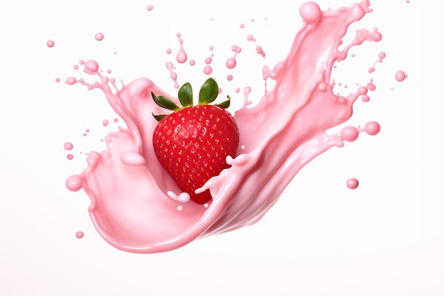 Milch- oder Joghurtspritzer mit Erdbeeren isoliert auf weißem Hintergrund 3D-Rendering