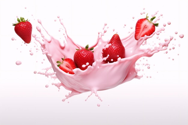 Milch- oder Joghurtspritzer mit Erdbeeren isoliert auf weißem Hintergrund 3D-Rendering
