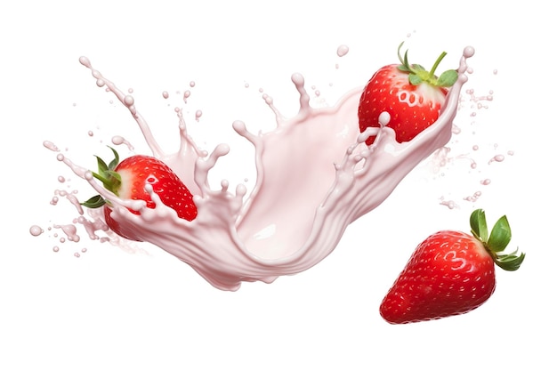 Milch- oder Joghurtspritzer mit Erdbeeren isoliert auf weißem Hintergrund 3D-Rendering