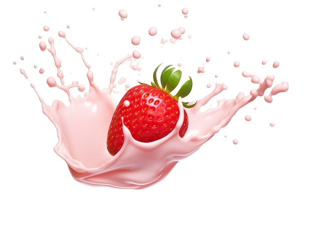 Milch- oder Joghurtspritzer mit Erdbeeren isoliert auf weißem Hintergrund 3D-Rendering