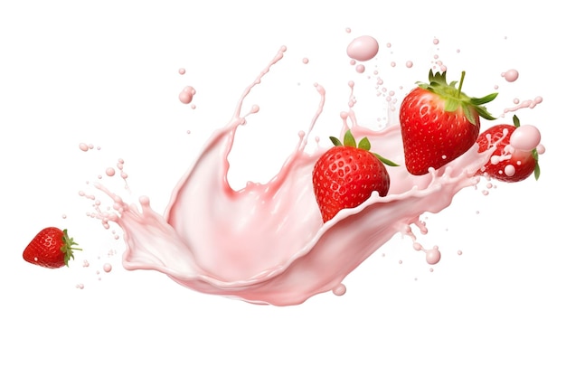 Milch- oder Joghurtspritzer mit Erdbeeren isoliert auf weißem Hintergrund 3D-Rendering