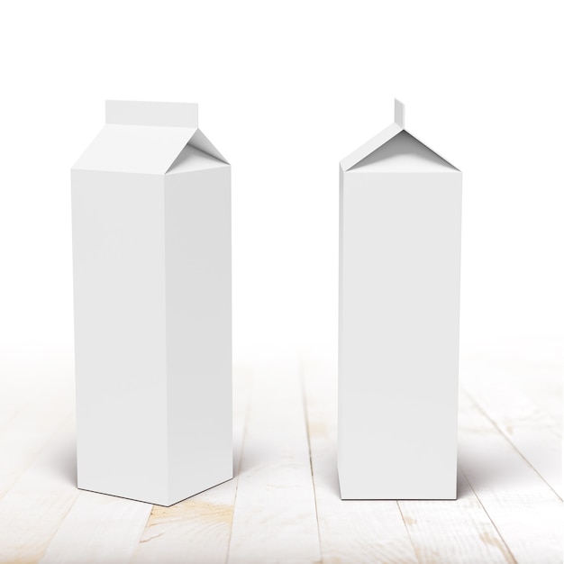 Foto milch- oder saftkartonverpackungsbox vorder- und seitenansicht auf weißem brettertisch. 3d-rendering-modell.