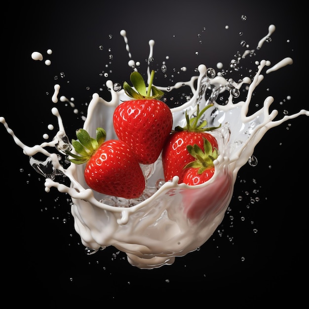 Milch-Splash mit Erdbeeren auf dunklem Hintergrund