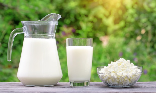 Milch und Hüttenkäse in Glasschüssel auf Holztisch