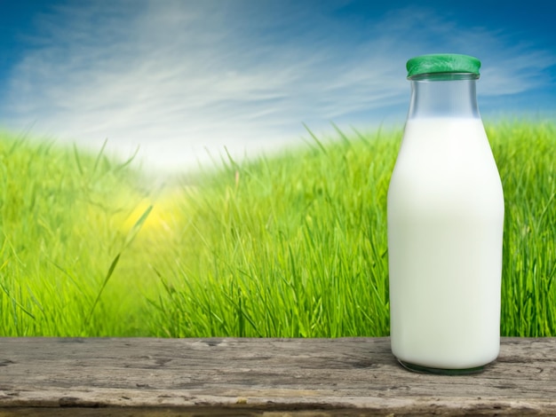 Milch und Landschaft mit grünem Gras