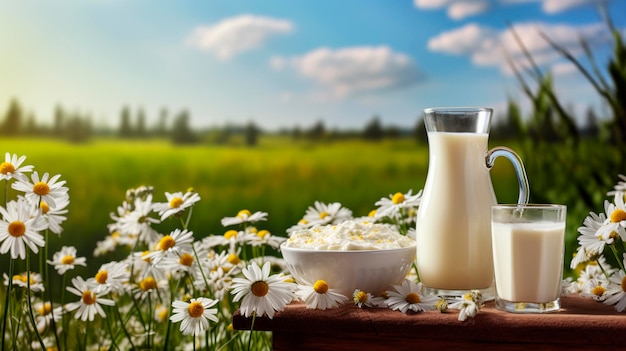 Milch und Milchprodukte vor dem Hintergrund einer Wiese mit weidenden Kühen Generative KI Natur