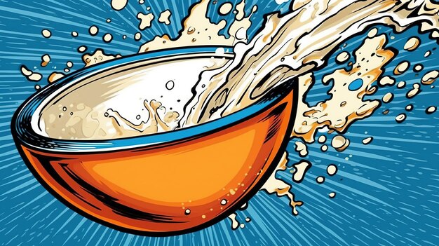 Milch wird in eine Müslischale gegossen. Fantasy-Konzept Illustrationsmalerei