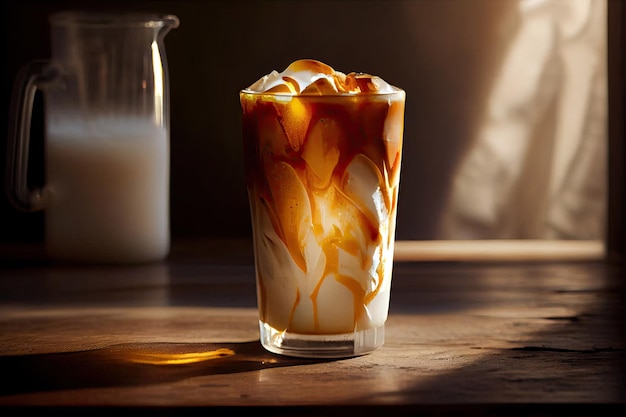 Milchcreme wird in einen eiskalten Brühkaffee gegossen. Kaffeekaltgetränk mit Eis und Milch