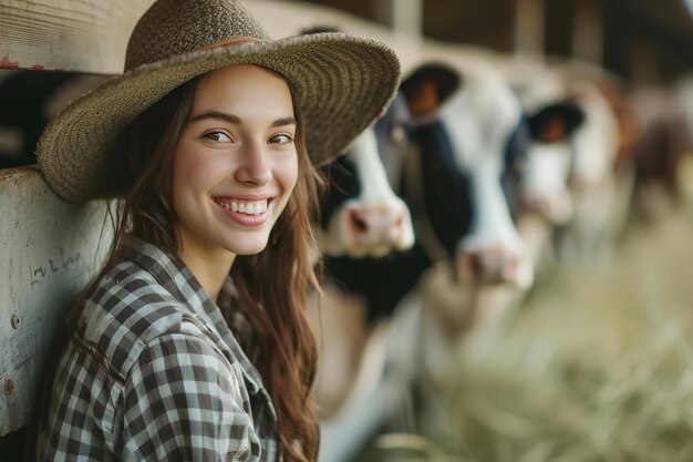 Milchfarmarbeiter fröhlich und strahlend mit einer Reihe von Kühen mit großem Kopierraum Generative KI