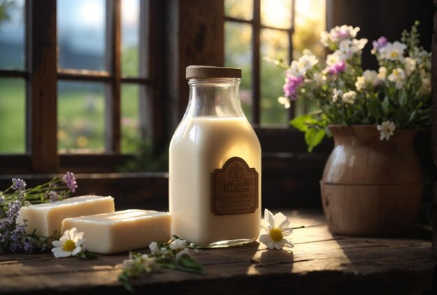 Milchflasche auf dem Tisch im Dorfzimmer