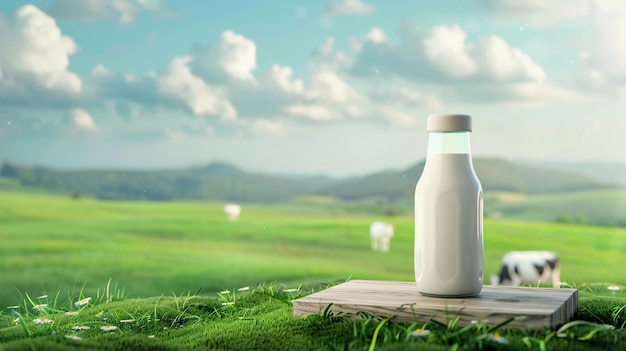 Milchflasche auf einem grünen Wiesen-Hintergrund