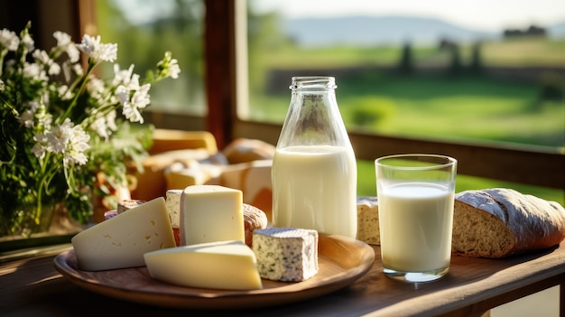 Milchflasche, Milchglas und Scheibe Käse auf dem Tisch vor einem Feld mit Kühen