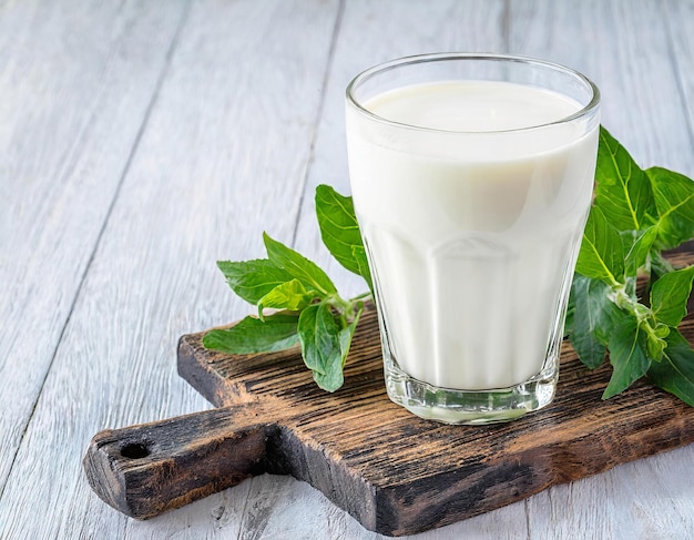 Milchglas auf einem Holztisch Kopierplatz