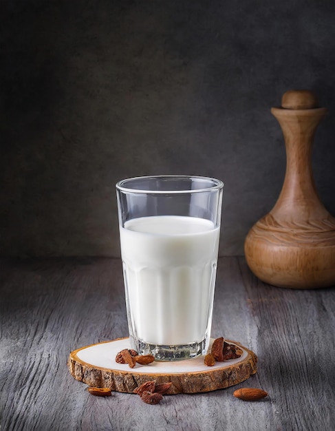 Milchglas auf einem Holztisch Kopierplatz