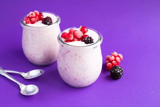 Milchjoghurt mit Beeren in den Gläsern auf der violetten Oberfläche