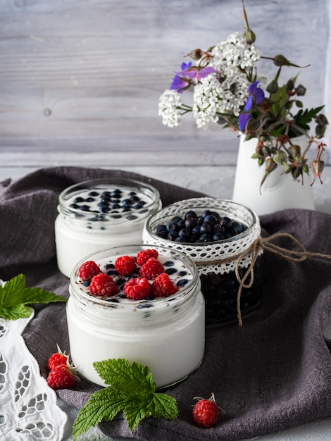 Milchjoghurt mit Heidelbeeren, Himbeeren, Detox. Kopieren Sie Platz.