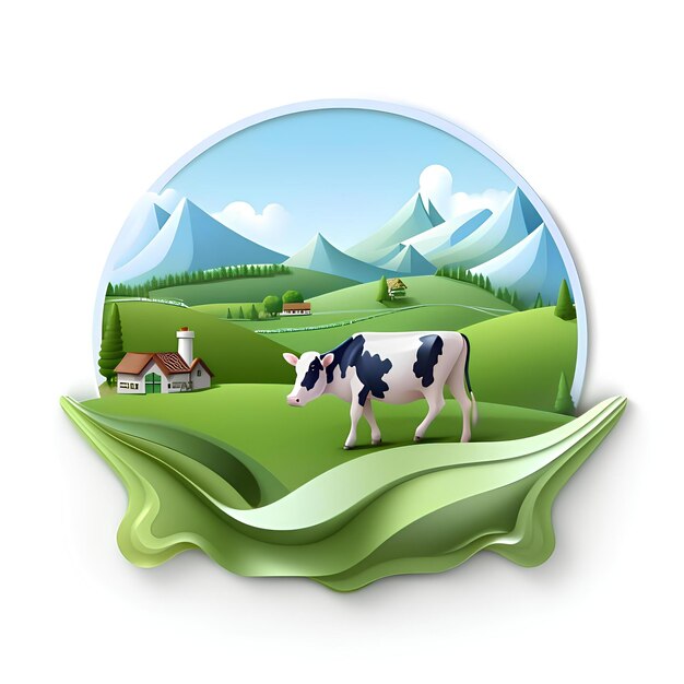 Milchkuh-Logo mit Berglandschaft und Bauernhöfen im Bild