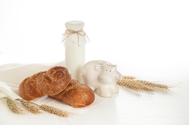 Milchprodukte auf weißem Holztisch Weizenohren weiße Kuhfigur Symbole des jüdischen Feiertags Schawuot