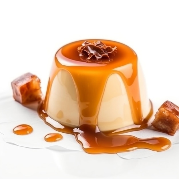 Foto milchpudding mit karamell auf weißem hintergrund