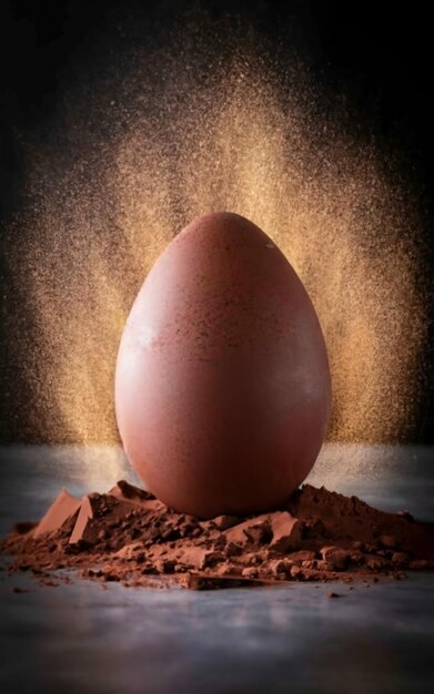 Milchschokolade-Ei mit Schokoladenpulver-Explosion im Hintergrund