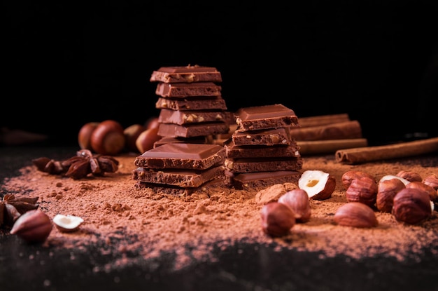 Milchschokolade mit Nüssen, Kakaopulver und Zimt auf dunklem Hintergrund