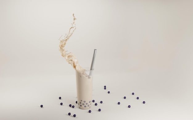 Milchshake mit Heidelbeere und köstlichen Fruchtbällchen, kalter Schokoladencocktail oder Smoothie auf Mandelmilch Bubble Tea Drink Glasbecher mit Tapioka oder Boba-Strohspritzer und Welle 3D-Illustration