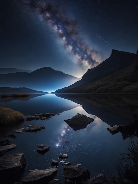 Milchstraße steigt über dem Arnisee auf. Sehenswürdigkeiten in der Schweiz Nachtlandschaft an einem See mit wunderschönem Spiegelbild