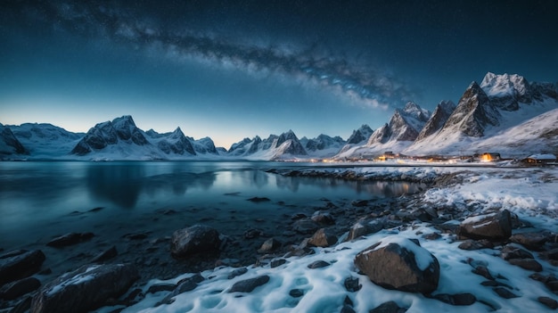 Milchstraße über gefrorenen Meeresküsten und schneebedeckten Bergen im Winter nachts in den Lofoteninseln Norwegen Arktislandschaft mit blauem sternenreichem Himmel Wasser Eis schneehafte Felsen Milchstraßen Weltraum und