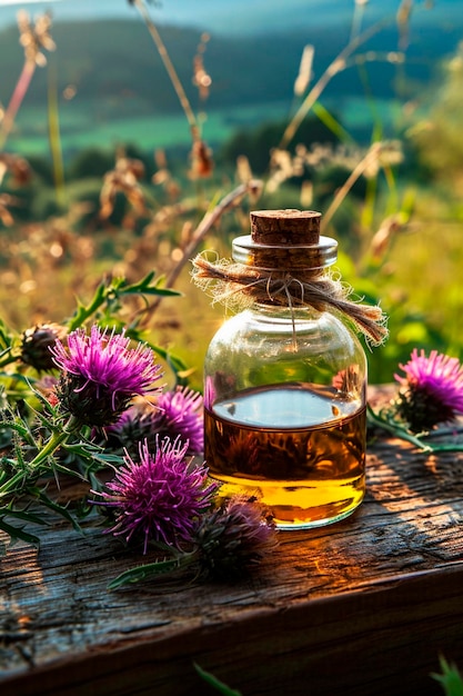 Milchthistle-Öl auf einem Tisch im Garten Selektiver Fokus