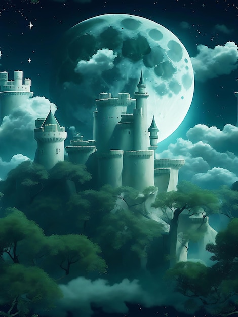 Miles de palacios en una zona verde rodeada de fortalezas la luna está llena hay muchas sta