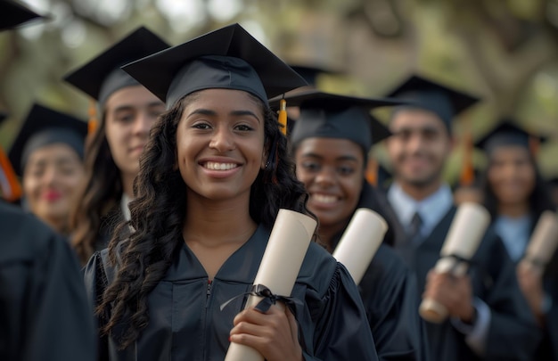 Milestone de graduação Jovem mulher confiante com diploma com uma turma de ex-alunos