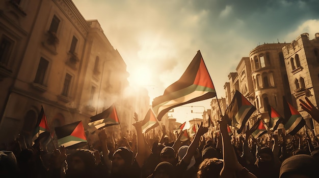 Milhares de pessoas com bandeiras da Palestina reunindo-se nas ruas e uma multidão agitando bandeiras durante o protesto