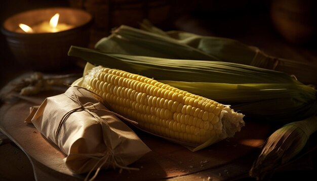 Milho doce em mesa de madeira uma refeição vegetariana saudável da natureza gerada pela inteligência artificial