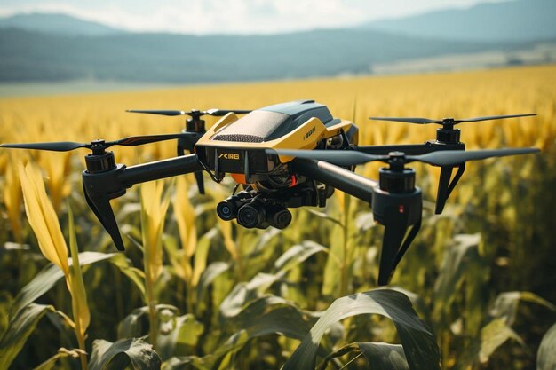 Milho no campo de milho na montanha com drone de agricultura