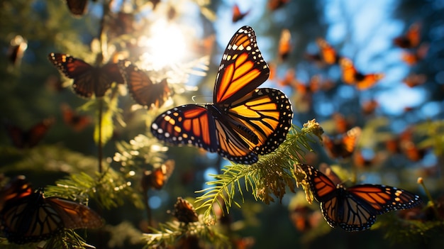 Milhões de borboletas-monarca Danaus plexippus cobrem cada centímetro de uma árvore