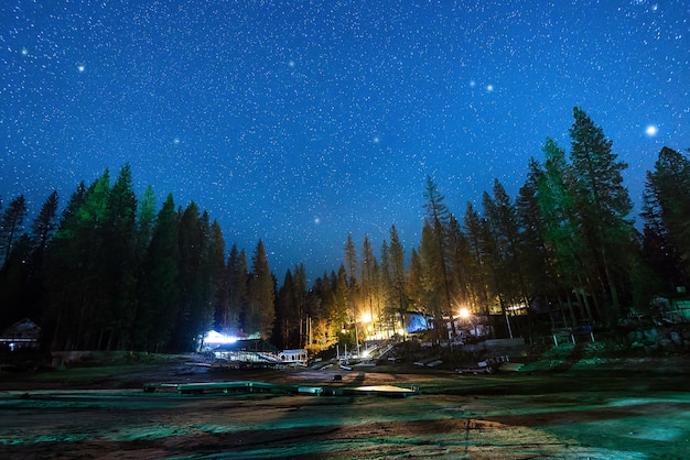 Milhões de estrelas sobre a casa pacífica na floresta