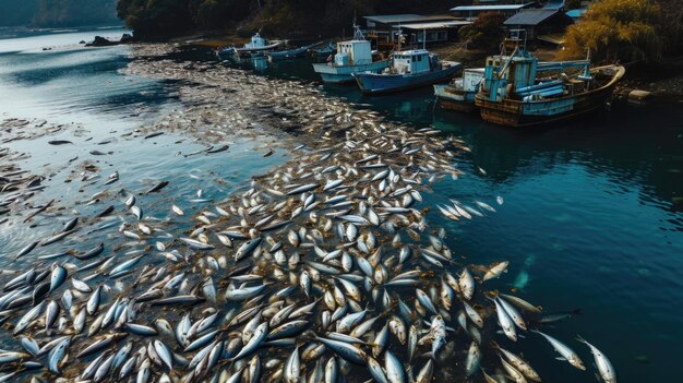 Foto milhões de peixes mortos resultaram da libertação de água contaminada nuclear