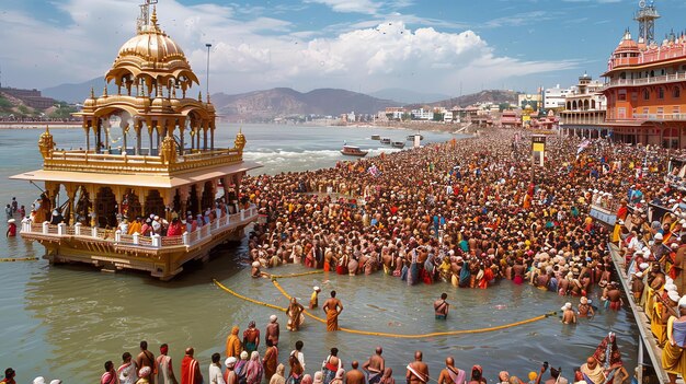 Foto milhões de peregrinos hindus se reúnem na confluência dos rios ganges e yamuna em allahabad, na índia, para tomar banho nas águas sagradas durante o kumbh