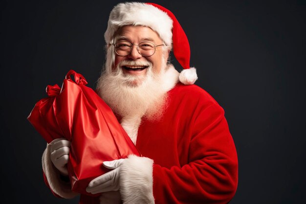 Foto miling papai noel segurando saco com presentes parece feliz em um fundo de cor