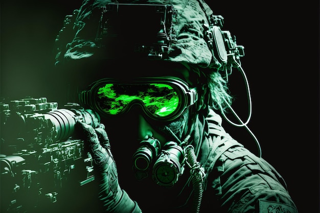 Foto militärbetreiber in einem dunklen raum nachtsicht grüne brille