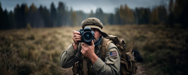Militärfotograf in Militäruniform mit einer Kamera auf dem Schlachtfeld
