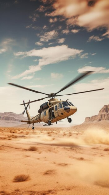 Militärhubschrauber fliegt über eine Wüstenlandschaft. Generative KI