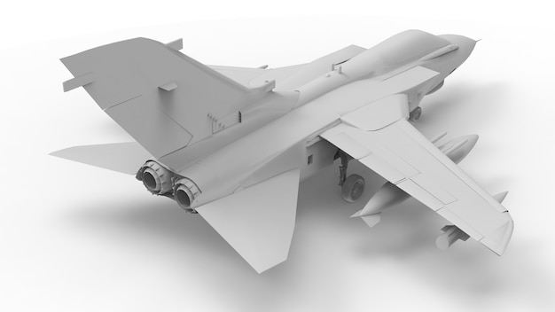 Militärische Kampfflugzeuge. Dreidimensionale Rasterdarstellung in Form eines komplett weißen Modells. 3D-Rendering